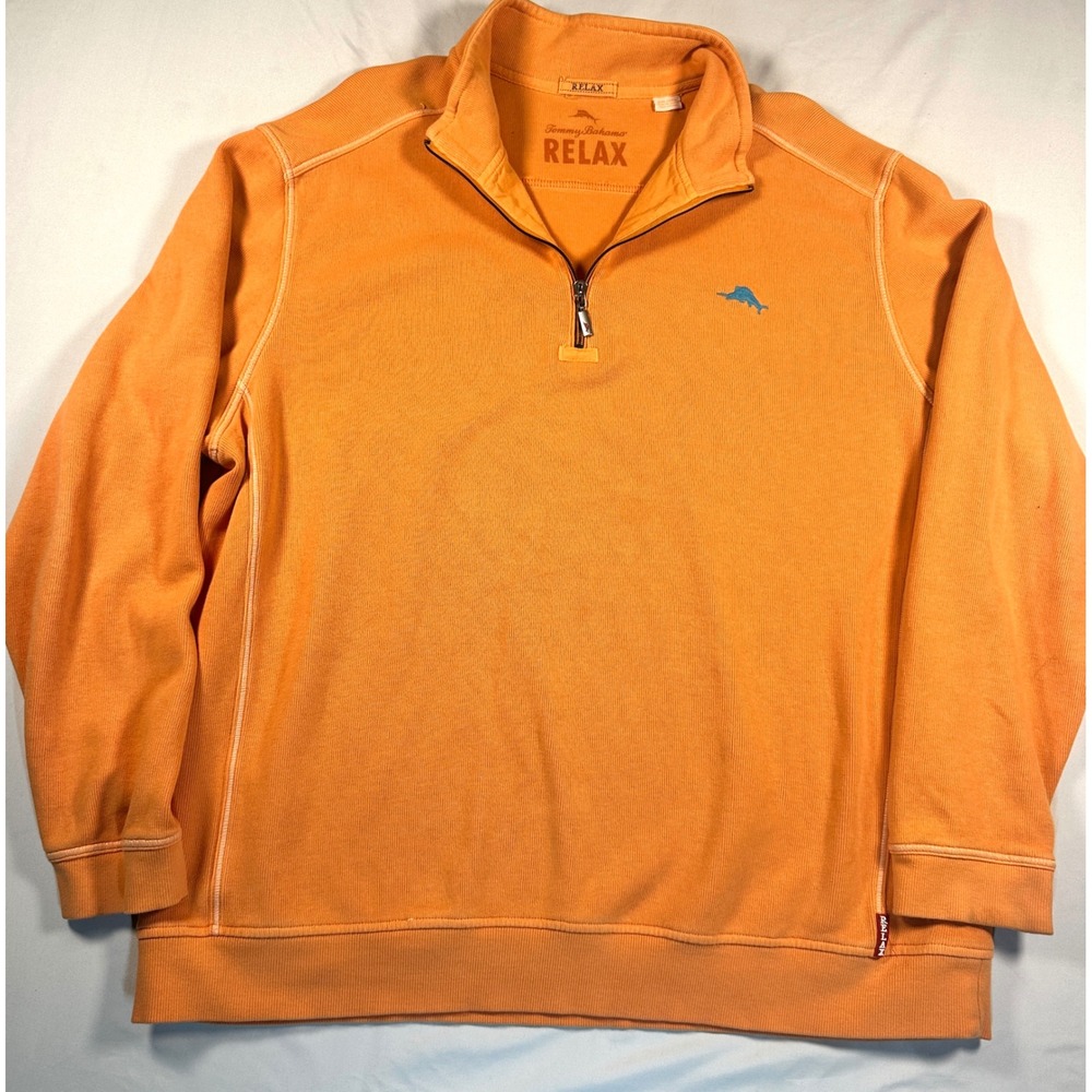 Tommy Bahama Relax‎ Mens 2XL Orange 1/4 Zip Cotton Ribbed Pullover Sweater